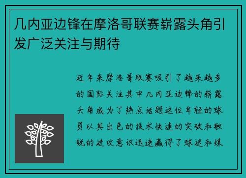 几内亚边锋在摩洛哥联赛崭露头角引发广泛关注与期待