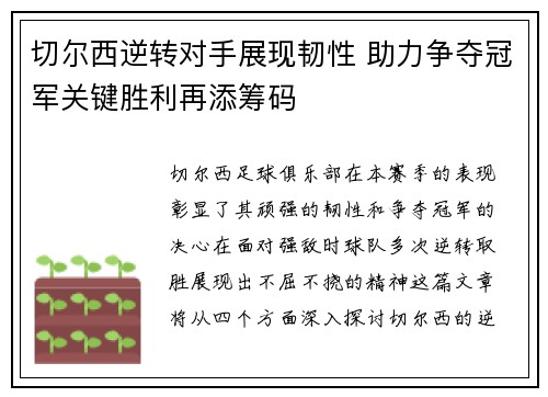 切尔西逆转对手展现韧性 助力争夺冠军关键胜利再添筹码