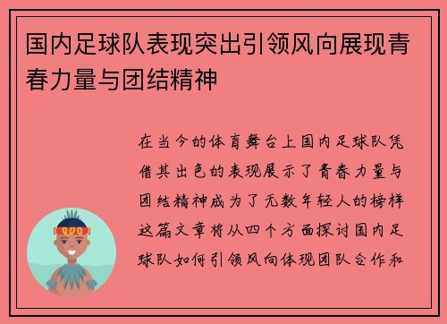国内足球队表现突出引领风向展现青春力量与团结精神