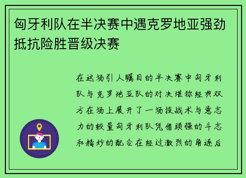 匈牙利队在半决赛中遇克罗地亚强劲抵抗险胜晋级决赛