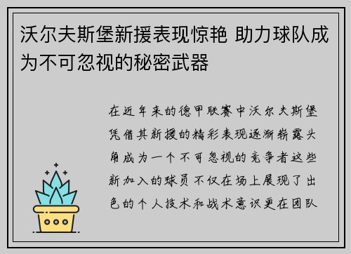 沃尔夫斯堡新援表现惊艳 助力球队成为不可忽视的秘密武器