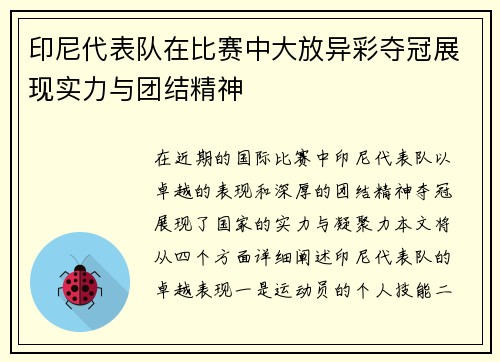 印尼代表队在比赛中大放异彩夺冠展现实力与团结精神