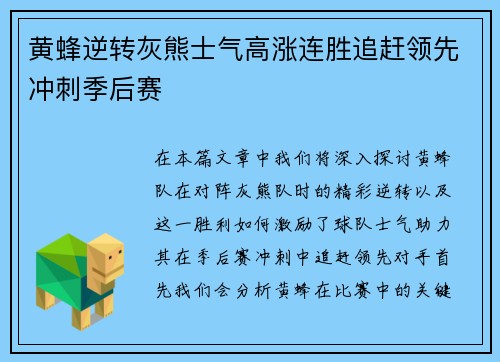 黄蜂逆转灰熊士气高涨连胜追赶领先冲刺季后赛