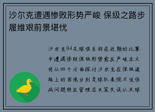 沙尔克遭遇惨败形势严峻 保级之路步履维艰前景堪忧