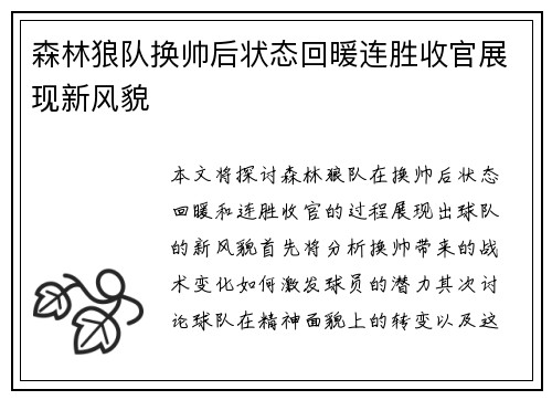 森林狼队换帅后状态回暖连胜收官展现新风貌