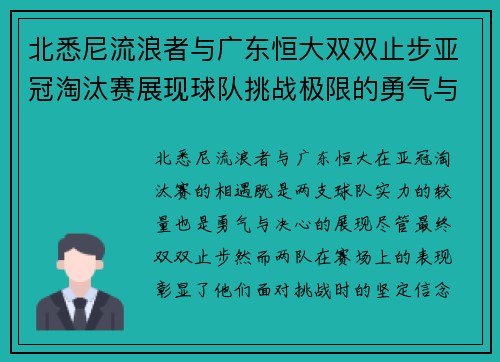 北悉尼流浪者与广东恒大双双止步亚冠淘汰赛展现球队挑战极限的勇气与决心