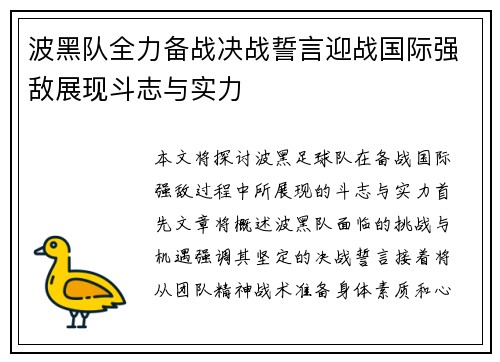 波黑队全力备战决战誓言迎战国际强敌展现斗志与实力