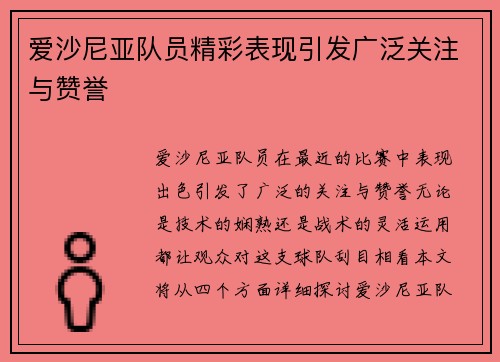 爱沙尼亚队员精彩表现引发广泛关注与赞誉