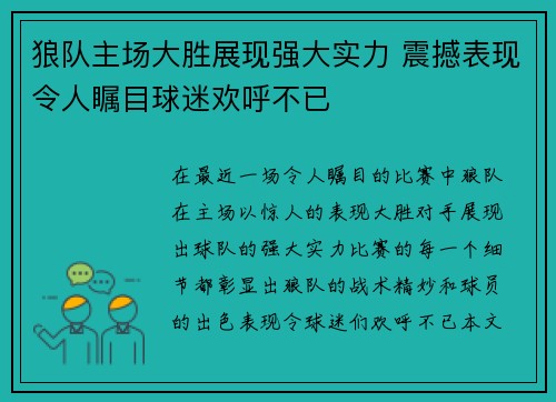 狼队主场大胜展现强大实力 震撼表现令人瞩目球迷欢呼不已
