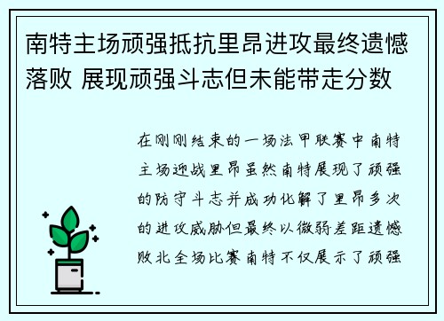 南特主场顽强抵抗里昂进攻最终遗憾落败 展现顽强斗志但未能带走分数