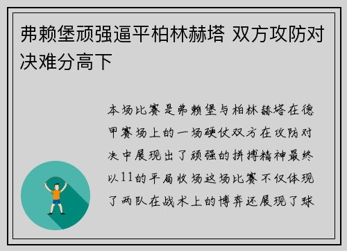 弗赖堡顽强逼平柏林赫塔 双方攻防对决难分高下