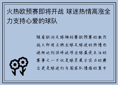 火热欧预赛即将开战 球迷热情高涨全力支持心爱的球队