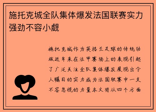 施托克城全队集体爆发法国联赛实力强劲不容小觑
