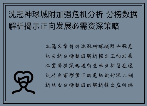 沈冠神球城附加强危机分析 分榜数据解析揭示正向发展必需资深策略