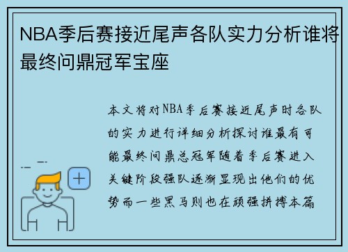 NBA季后赛接近尾声各队实力分析谁将最终问鼎冠军宝座