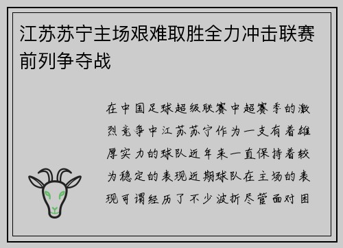 江苏苏宁主场艰难取胜全力冲击联赛前列争夺战