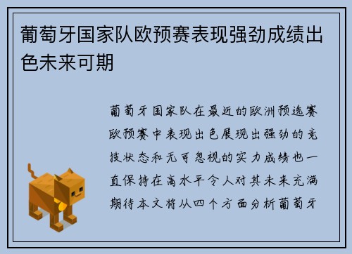 葡萄牙国家队欧预赛表现强劲成绩出色未来可期