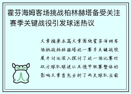 霍芬海姆客场挑战柏林赫塔备受关注 赛季关键战役引发球迷热议