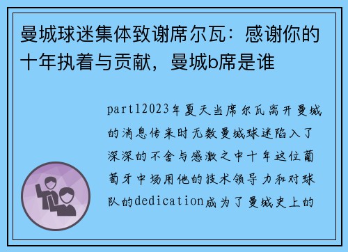 曼城球迷集体致谢席尔瓦：感谢你的十年执着与贡献，曼城b席是谁
