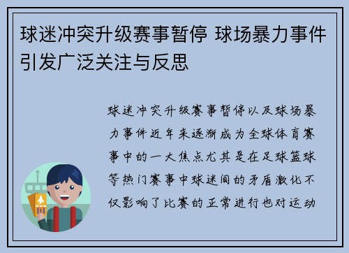 球迷冲突升级赛事暂停 球场暴力事件引发广泛关注与反思