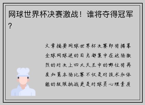 网球世界杯决赛激战！谁将夺得冠军？
