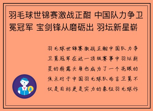 羽毛球世锦赛激战正酣 中国队力争卫冕冠军 宝剑锋从磨砺出 羽坛新星崭露头角